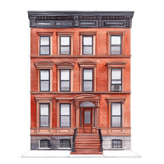 Obraz premium detailed of classic red brick building with large windows, wooden door, and steps leading to entrance, showcasing urban architecture. isolated on transparent background