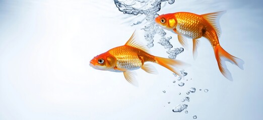 Goldfish swimming underwater, bubbles rising, vibrant orange color, clear water background, aquatic life, serene environment, copy space for text