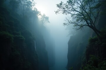 Serene Misty Forest Canyon Emerging from Morning Fog with Lush Greenery and Tranquil Waterway Presenting a Breathtaking Natural Landscape
