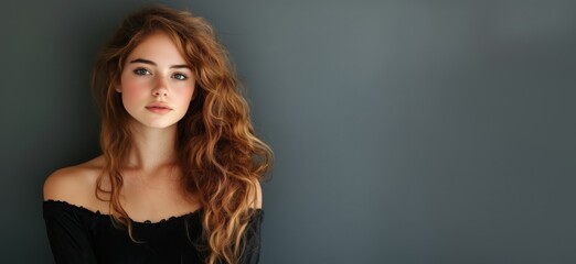 Naklejka premium Portrait of young woman with curly hair, soft expression, wearing off-shoulder top, against gray background, copy space for text
