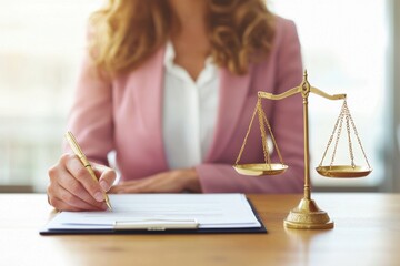 Professional Woman Signing Legal Document Beside Golden Scales of Justice