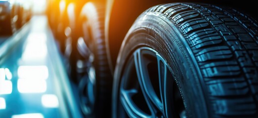 Fototapeta premium Close-up tire detail showcasing tread patterns, reflections, and lighting effects in automotive setting, copy space for text