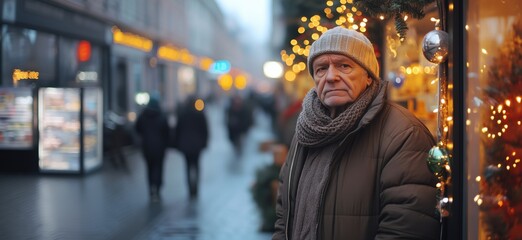 Fototapeta premium Elderly man in winter attire, standing on festive street, surrounded by holiday lights and decorations, capturing winter atmosphere, copy space for text