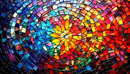  A vibrant arrangement of mosaic tiles featuring a kaleidoscope of colors and geometric shapes.
