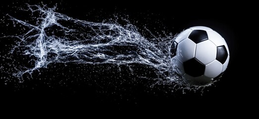 Naklejka premium Soccer ball splashing water, dynamic motion, black background, high-speed photography, sports action, copy space for text