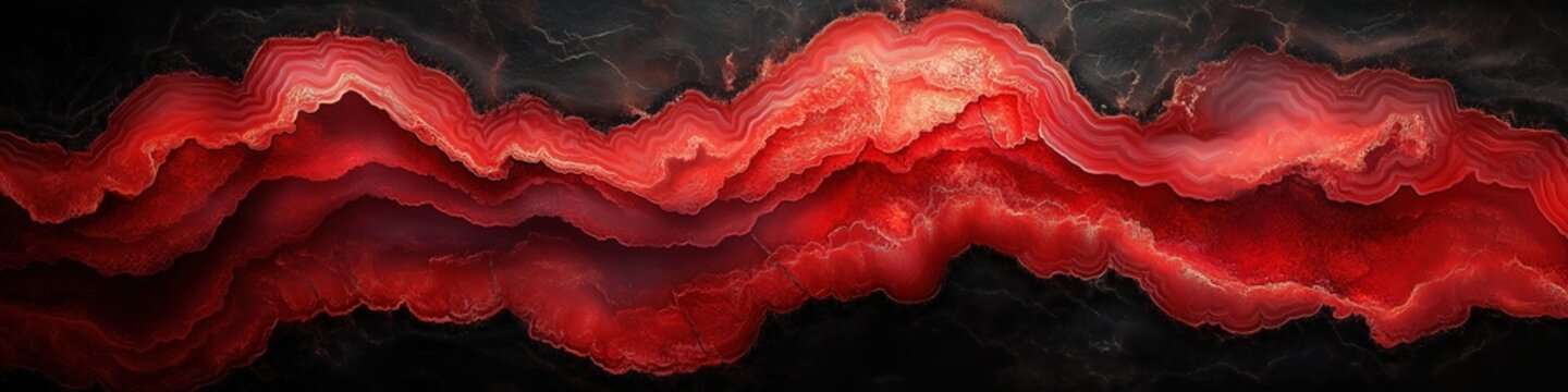 red and black agate surface showing intricate patterns of swirling flowers with deep lava-like tones