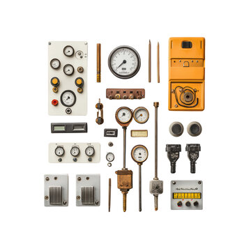 Vintage control panel with gauges, dials, and switches arranged neatly. This collection showcases various mechanical instruments and their intricate designs. isolated on transparent background