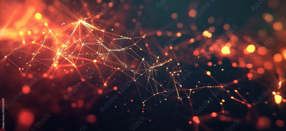 Poster abstract network of glowing particles and lines, vibrant orange and red hues, creating a dynamic vis