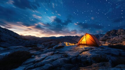Illuminated tent in mountain landscape under starry night sky.