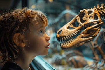 Child gazing in wonder at a dinosaur skeleton in a museum exhibit.