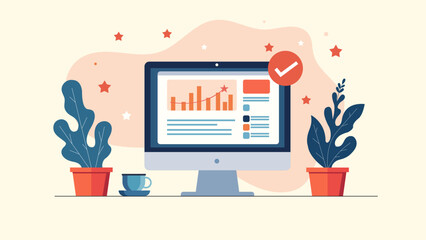 Modern Illustration of a Computer Screen Displaying Digital Analytics in a Creative Workspace