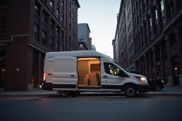 Fototapeta premium Delivery Van in Urban Alley with Open Doors at Dusk: A Quiet Scene of City Logistics and Transport Operations