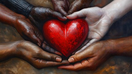 Naklejka premium Diverse Hands Gently Holding a Red Heart