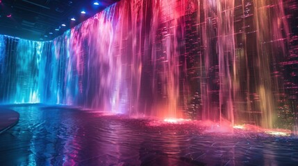 Naklejka premium Illuminated waterfall cascading into a pool, vibrant colors.