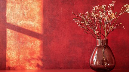 A vase of flowers sits on a red wall