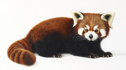 Fototapeta premium A cute red panda with a bushy tail and distinctive facial markings, resting in a relaxed position against a plain background.