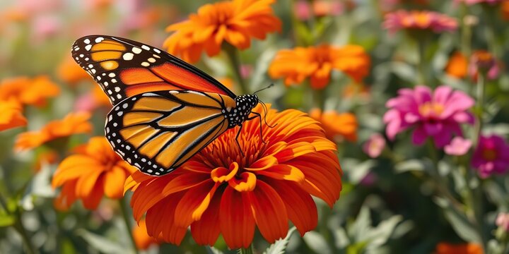 Colorful butterfly resting on a cluster of vibrant A monarch butterfly sips nectar from an orange marigold in a sun-kissed garden, monarch butterfly, garden, flower
