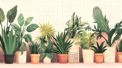 Illustration of houseplants in decorative pots
