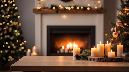 Wood table and tree with fireplace blurry candles Christmas decorations, 8k Resolution