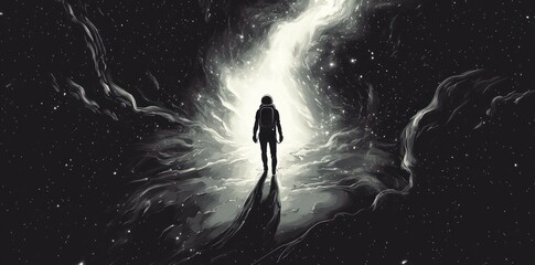 Astronaut Walking Towards a Luminous Cosmic Nebula