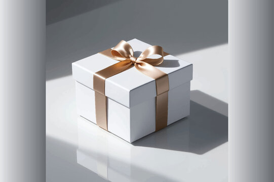 white gift box with gold ribbon isolated on transparent background cutout