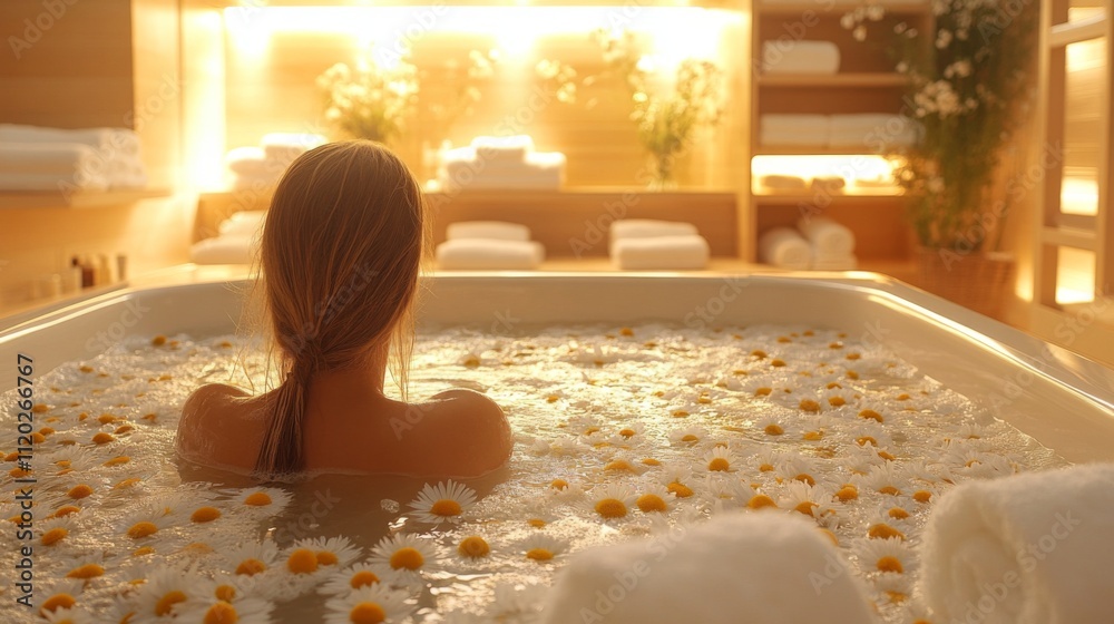 Poster A person enjoys a serene bath filled with daisies, surrounded by soft towels and warm ambient light, creating a calming atmosphere for relaxation.