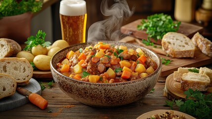 Traditional hungarian goulash with potatoes carrots and fresh herbs in a rustic setting for culinary inspiration