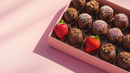 A decorative box of full chocolate-covered strawberries, each topped with sprinkles or crushed nuts, placed on a pink background