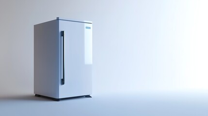 A modern, sleek white refrigerator stands alone against a light background, showcasing its minimalist design and functional appeal.