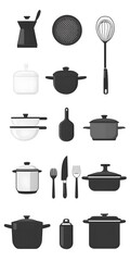 Theme: Food, Cooking, Kitchen Utensils, Icon Set, Shapes, Objects, Black and White, on White Background, Abstract Image, Texture, Pattern Background, Wallpaper, Cover and Screen of Smartphone, PC, Lap