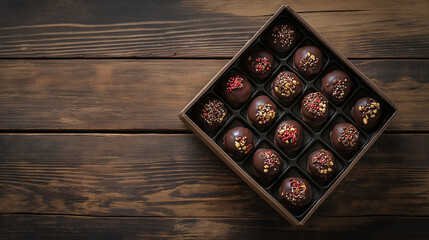 A decorative box of full chocolate-covered strawberries, each topped with sprinkles or crushed nuts, placed on a rustic wooden table