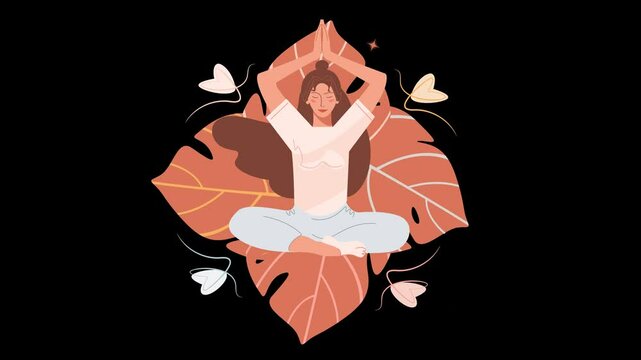 Short animation of a young woman practices deep breathing in a yoga pose on a transparent alpha channel in a seamless loop.