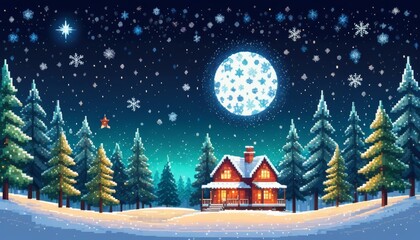 retro arcade gaming vintage graphics image of a Christmas village in a snowy landscape