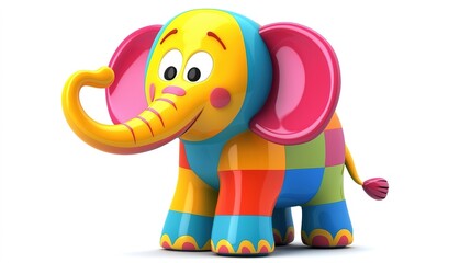A colorful, cartoon-style elephant with a cheerful expression, featuring a patchwork design in vibrant hues.