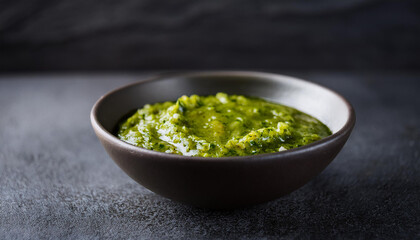 Bowl of delicious green salsa Verde sauce on dark table. Fresh and tasty semi-solid food.