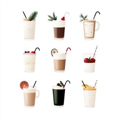 A set of six different types of drinks, including a green tea, a hot chocolate