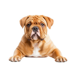 Obraz premium Adorable bulldog with wrinkled face and expressive eyes, resting calmly. isolated on transparent background
