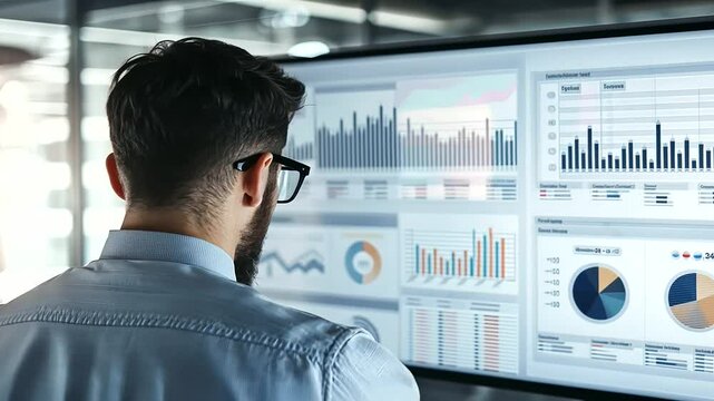 Business Professional Analyzing KPI Dashboard with BI Metrics