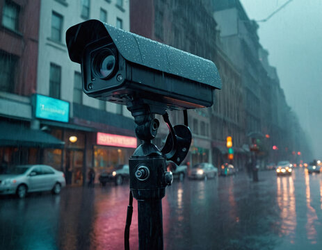 Road camera in the rain. Artificial intelligence. 