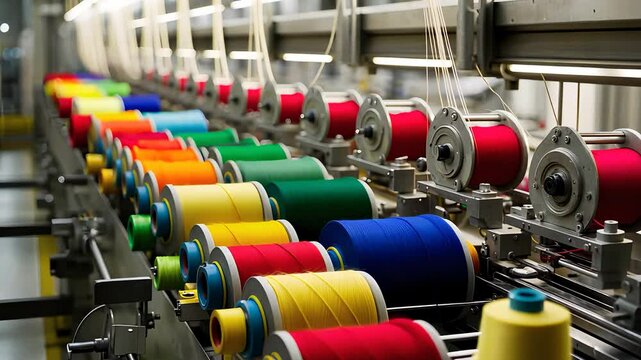 Industrial Textile Production with Rows of Colorful Thread Spools on a Modern Manufacturing Machine

