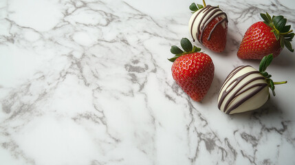 Chocolate-covered strawberries placed on a marble countertop, drizzled with white chocolate