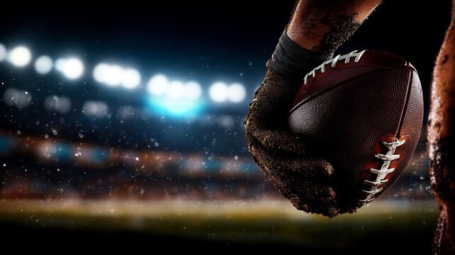 Gridiron Glory: A Mud-Covered American Football Held Firmly in the Gloom of a Night Game