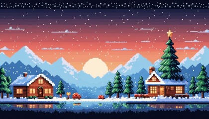 retro arcade gaming vintage graphics image of a Christmas village in a snowy landscape