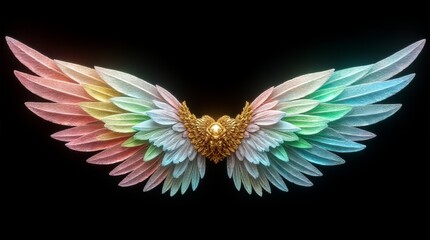 Obraz premium Multi-colored gradient feathered wings with golden centerpiece on black background representing beauty and diversity