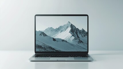 Fototapeta premium A sleek laptop displays a stunning mountain landscape on its screen, set against a minimalist background.