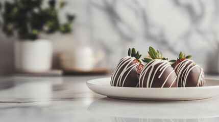 Chocolate-covered strawberries placed on a marble countertop, drizzled with white chocolate