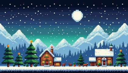 retro arcade gaming vintage graphics image of a Christmas village in a snowy landscape