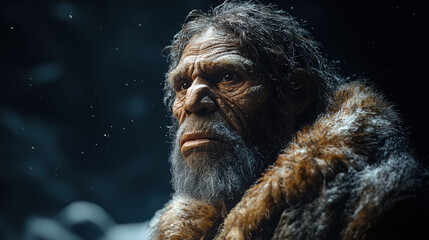 Portrait of a Neanderthal wearing a fur cloak, set against a dark, snowy background, evoking a sense of ancient survival and resilience.