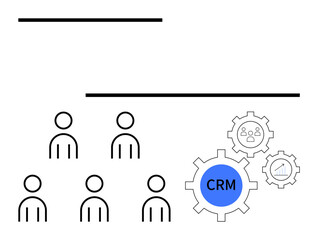 Simple stick figures representing users gears symbolizing CRM integration, and analytic symbols. Ideal for business, CRM, teamwork, user management, analytics, efficiency, technology. Line metaphor