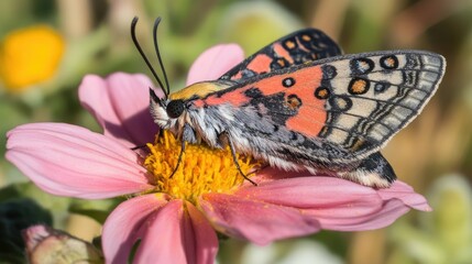 Obraz premium Close-up of a moth resting on a pink cosmos flower in a sunny meadow, blending into its delicate colors